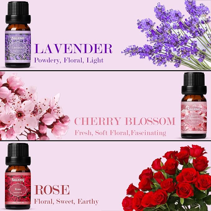 SALKING Floral Essential Oils Set, Premium Pure and Natural Essential Oils, Fragrance Oil Scented Oils for Oil Diffusers 6 x 10 ML - Lavender, Rose, Jasmine, Cherry Blossom, Gardenia, Chamomile - Bloomnest