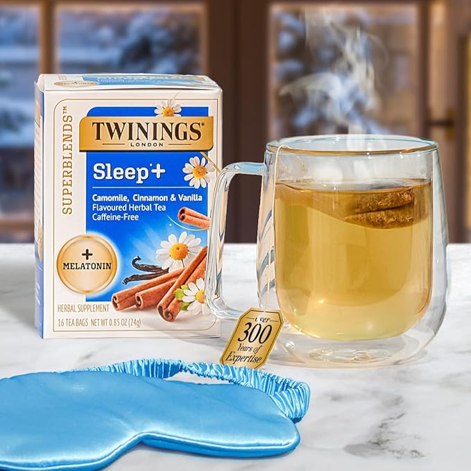 Twinings Superblends Sleep+ Herbal Tea with 1mg Melatonin Camomile, Cinnamon & Vanilla, Naturally Caffeine-Free, 16 Tea Bags (Pack of 1), Enjoy Hot or Iced