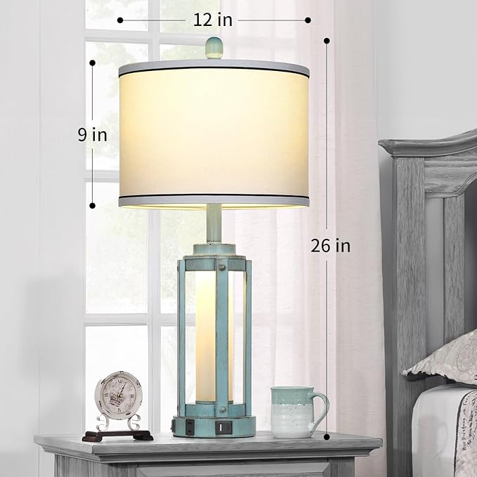 Farmhouse Lamps Set of 2, 26" Vintage Rustic Industrial Beside Lamps with USB A+C Charging Ports & AC Outlet, Nightstand Metal Lamp with LED Night Light & Fabric Shade for Living Room Bedrooms Blue - Bloomnest