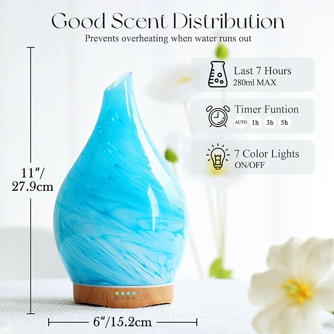 Porseme 280ml Essential Oil Diffuser Glass Color Changing Aroma Air Diffusers Aromatherapy Ultrasonic Cool Mist Humidifier 7 Running Hours Waterless Auto-off for Sleeping, Yoga, Office, Spa(Blue Wave) - Bloomnest