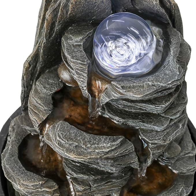 Rockery Indoor Water Fountain, Zen Meditation Tabletop Fountain with LED Lights & Crystal Ball for Home Office Bedroom 9 4/5"