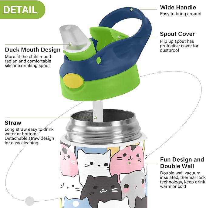 Cats Cute Animal Kids Water Bottle with Straw Lid Insulated Tumbler with Handle Stainless Steel Reusable Toddlers Cup for Kids Boys 12 oz - Bloomnest