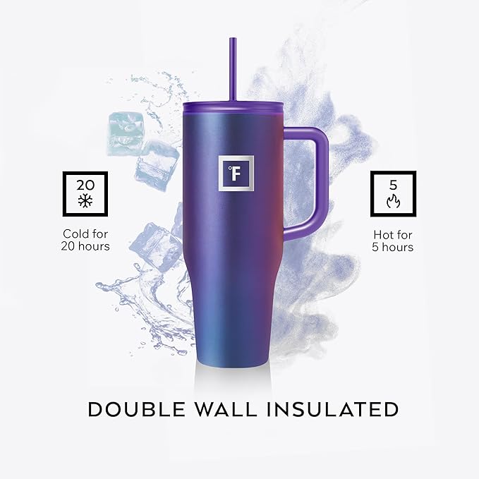 IRON °FLASK Co-Pilot Insulated Mug w/Straw & Flip Cap Lids - Cup Holder Bottle for Hot, Cold Drink - Leak-Proof - Water, Coffee Portable Travel Mug - Twilight Blue, 40 Oz - Bloomnest
