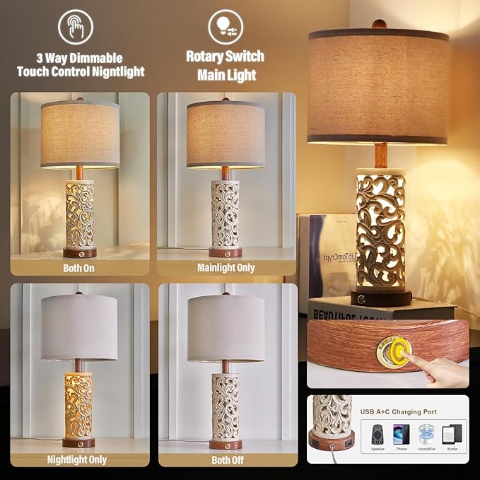 OYEARS 3-Way Dimmable 22'' USB A+C Touch Control Table Lamp with Nightlight for Living Room Bedroom Farmhouse Bedside Nightstand Lamps (Brown Bulb Included - Bloomnest