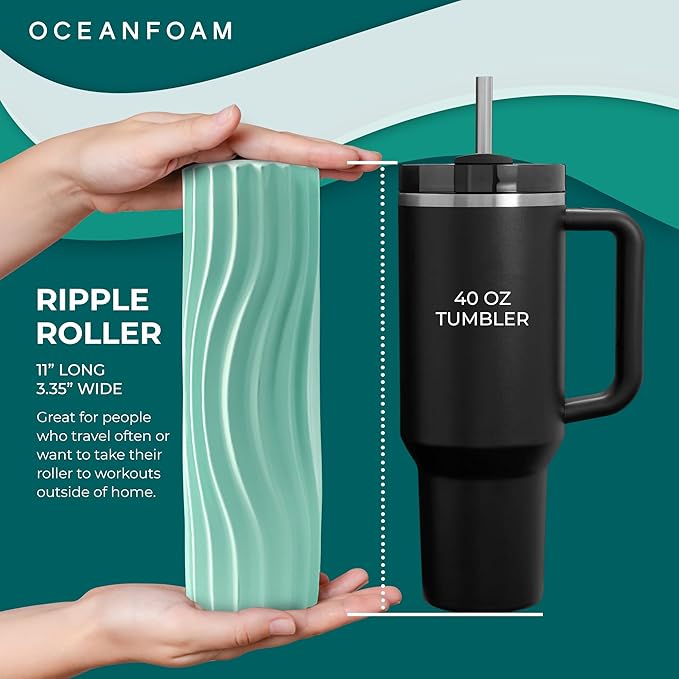 Oceanfoam Ripple Travel Foam Roller (11" x 3.35") Firm Mini Foam Roller for Physical Therapy, Deep Tissue Massage, Back Pain - High Density, Ergonomic Wave Textured - Yoga, Pilates, Exercise (Seafoam) - Bloomnest