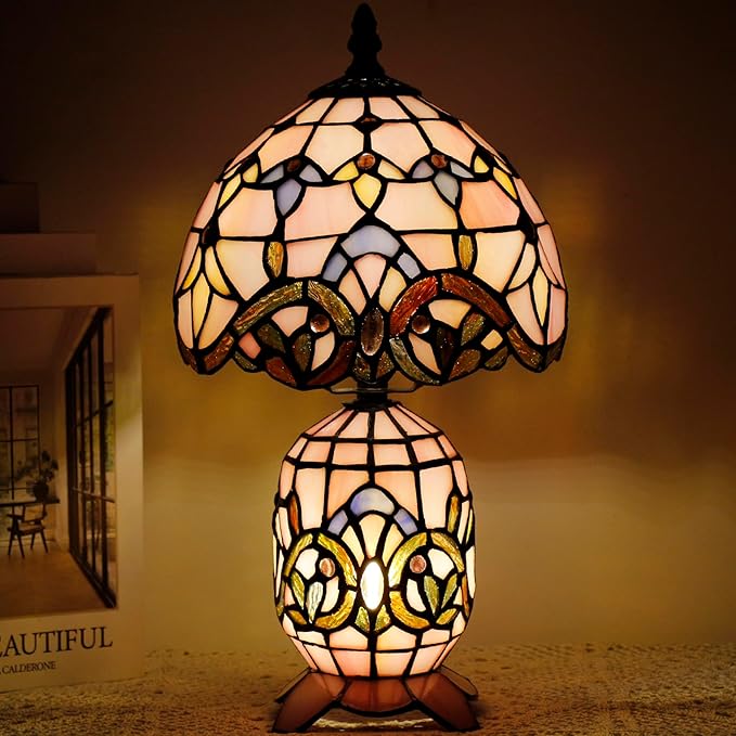 Small Tiffany Lamp Stained Glass Table Lamp Mini Mother Daughter Vase Desk Accent Light for Bedroom Bedside Reading Home Antique Style Decor 8X14 Inches (Pink Baroque) - Bloomnest