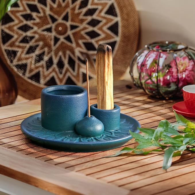 4 in 1 Ceramic Incense Holder, Palo Santo Stick Holder, Sage Holder for Burning, 5.2" Ash Catcher Tray for Meditation, Yoga & Home Decor (Blue)