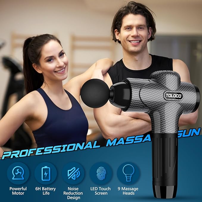 TOLOCO Massage Gun, Upgrade Deep Tissue Back Massager with 10 Replacement Heads, Percussion Massage Guns for Athletes for Pain Relief, Super Quiet Electric Massager for Treatment, Relax, Carbon - Bloomnest