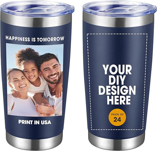 Personalized Custom Tumbler Print in USA 24 Pcs 20oz Stainless Steel Coffee Cup with Lid & Straw Double Wall Insulated Tumbler with Colorful Text Logo Photo - Bloomnest