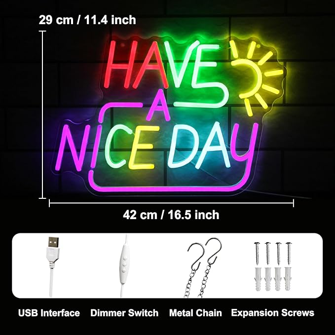 Have A Nice Day Neon Sign for Wall Colorful Letter Neon Light Sun LED Neon Lights Signs Dimmable Words Light Up Signs for Bedroom Living Room School Office Dorm Party Decor Kids Gifts - Bloomnest