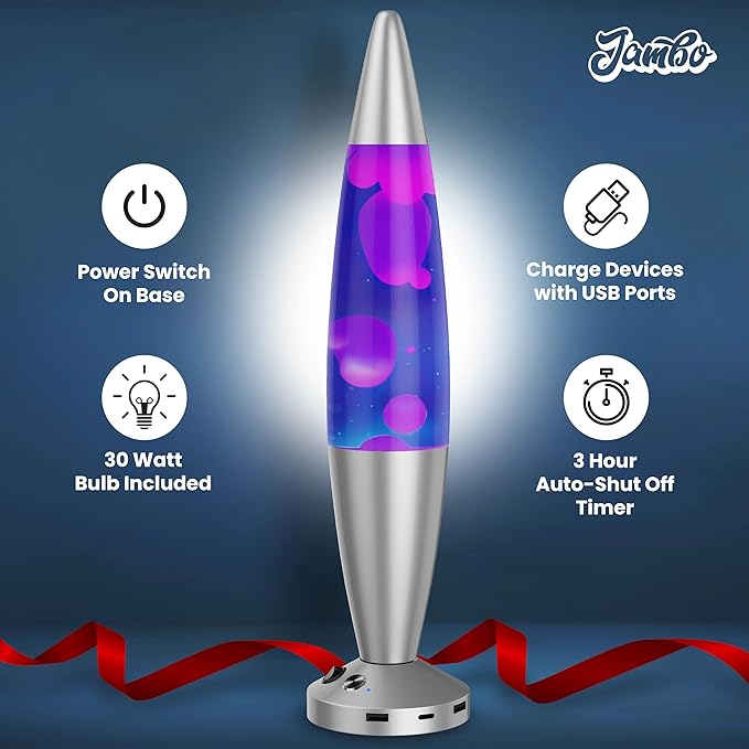 JAMBO Upgraded Motion Lamp – 16" Blue Liquid, Purple Wax – USB Ports, Timer – Night Light for Adults, Teens, Kids – Bedroom, Living Room, Office Décor Lamp - Bloomnest