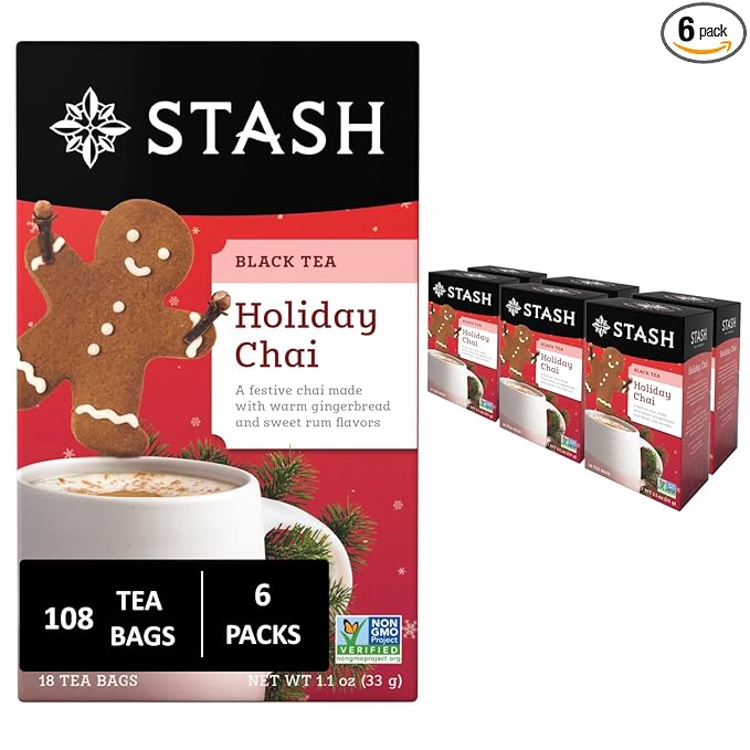 Stash Tea Holiday Chai Tea 18 Count Tea Bags (Pack of 6), Individual Spiced Black Tea Bags for Use in Teapots Mugs or Cups, Brew Hot Tea or Iced Tea - Bloomnest