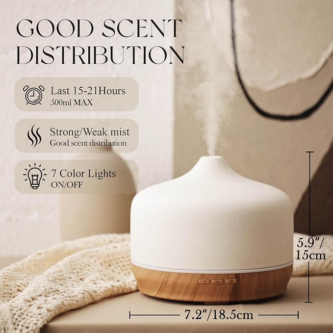 Porseme 500ml Ceramic Essential Oil Diffuser Aromatherapy Ultrasonic Cool Mist Humidifier 15-21 Running Hours Air Diffusers for Sleeping Yoga Office Working Spa and Rest (White Ceramic) - Bloomnest