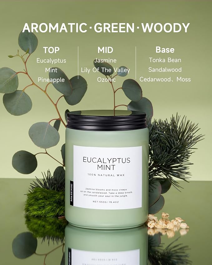 M&SENSE Eucalyptus & Mint Candles for Home Scented, 19.4oz 110 Hours Burn Soy Aromatherapy Candle Gift for Stress Relief, Meditation, Yoga, Relaxing SPA, Natural Soy Wax for Men and Women - Bloomnest