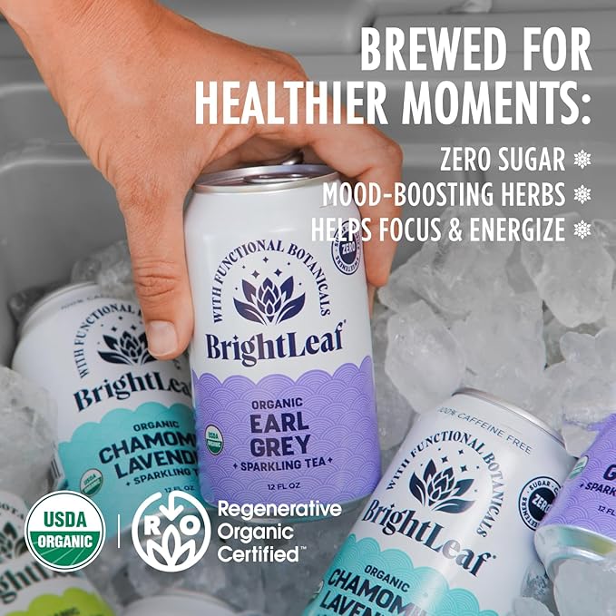 BrightLeaf Regenerative Organic Sparkling Tea, Earl Grey Black, 12 oz Cans (Pack of 12) – Zero Sugar & Zero Calories – Organic Herbal Tea Drink – Mood-boosting ingredients – Craft Brewed Botanical Beverage - Bloomnest