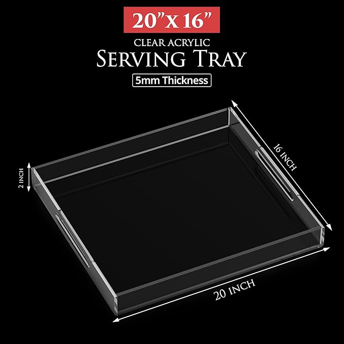 Acrylic Tray 20x16 with Cut Handles - Spill Proof Decorative Tray is an Ideal Countertop Organizer for Living Rooms, Ottoman Coffee Tables, Offices, Kitchens & Serving Guests - Bloomnest