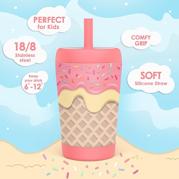 Kid Insulated Stainless Steel Tumbler with Silicone Straw, 12oz Sippy Cup for Kids (Sweet Ice Cream) - Bloomnest