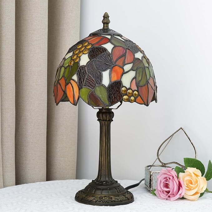 Tiffany Stained Glass Table Lamp, 8-Inch Retro Brown Maple Leaf Design Lovely Bedside Lamp, Suitable for Bedroom, Restaurant, Cafe and Other Furniture Decoration - Bloomnest