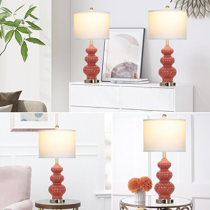 26" Triple Gourd Ceramic Table Lamps Set of 2,Modern Orange Bedside Lamps USB A+C Ports & AC Outlet -Ceramic Nightstand Lamps for Bedroom, 3 Way Touch Control Contemporary Living Room End Tables - Bloomnest
