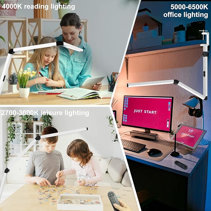 Micomlan LED Desk Lamp for Home Office, Architect Clamp Desk Lamp with Remote Control, Adjustable Dimmable Swing Arm Clamp on Table Light Clip-on Dual Light 5 Brightness Levels & 4 CCT Modes - Bloomnest