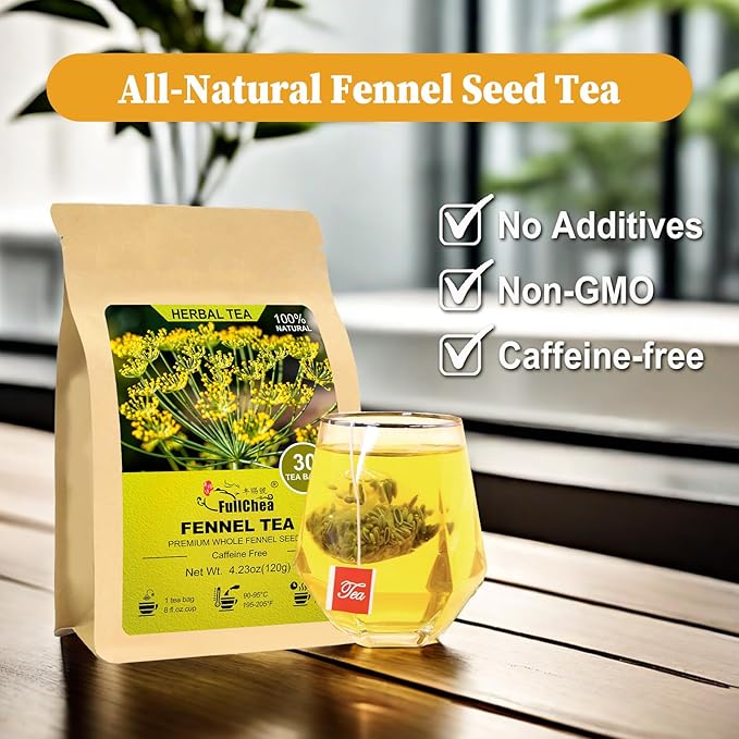 FullChea - Fennel Tea Bags, 30 Teabags, 4g/bag - Premium Whole Fennel Seeds - Non-GMO - Caffeine-free - Helps Improve Digestion & Immune System - Bloomnest