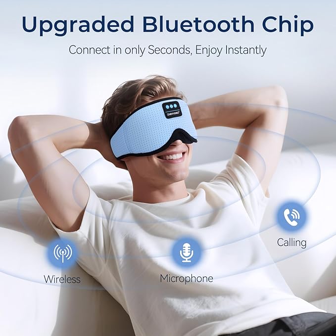 3D Sleep Mask with Bluetooth Headphones, Breathable Cotton Sleeping Headphones for Side Sleepers, Wireless Music Eye Mask with Timer, Gifts for Men Women, Blue - Bloomnest