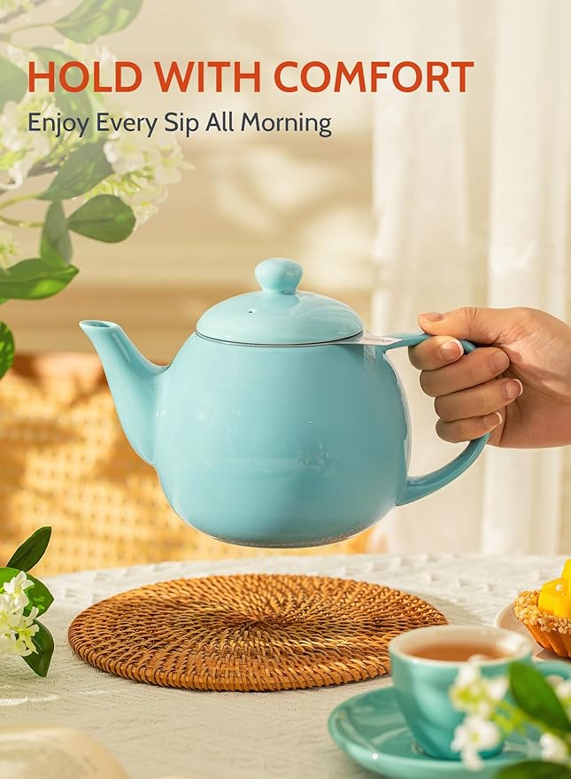 Sweese Teapot, Porcelain Tea Pot with Stainless Steel Infuser, Blooming & Loose Leaf Teapot - 27ounce, Turquoise - Bloomnest