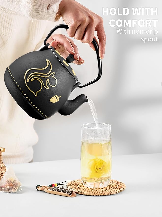 Toptier Teapot with Removable Infuser, Cast Iron Tea Kettle Stovetop Safe, Squirrel Design Tea Pot Coated with Enameled Interior for 32 Ounce (950 ml), Black - Bloomnest