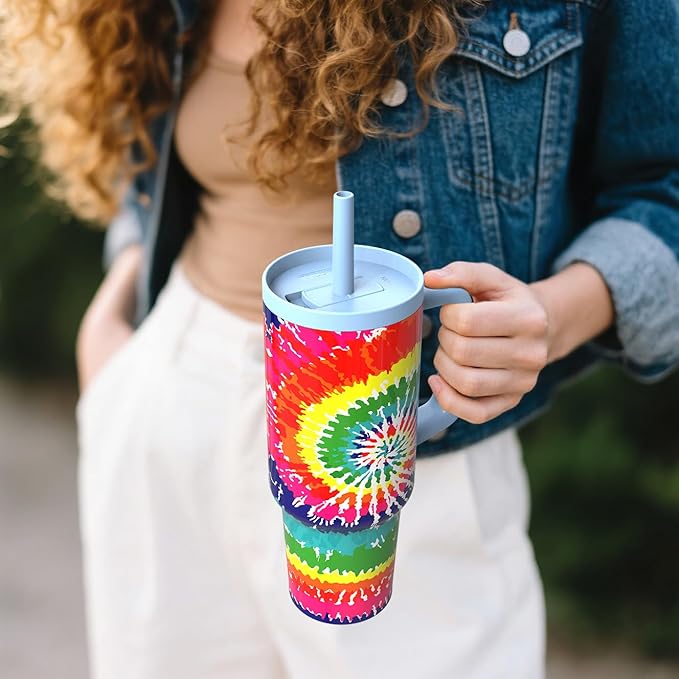 TILUCK 40 oz Tumbler with Handle, Vacuum Insulated Stainless Steel Travel Mug with 100% Leak-Proof Silicone Straw Lid, Cupholder Friendly Water Bottle(RotatingRainbow, 40oz)