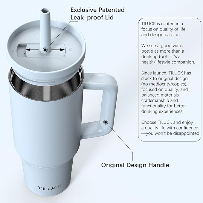 TILUCK 40 oz Tumbler with Handle, Vacuum Insulated Stainless Steel Travel Mug with 100% Leak-Proof Silicone Straw Lid, Cupholder Friendly Water Bottle(LightBlue, 40oz)