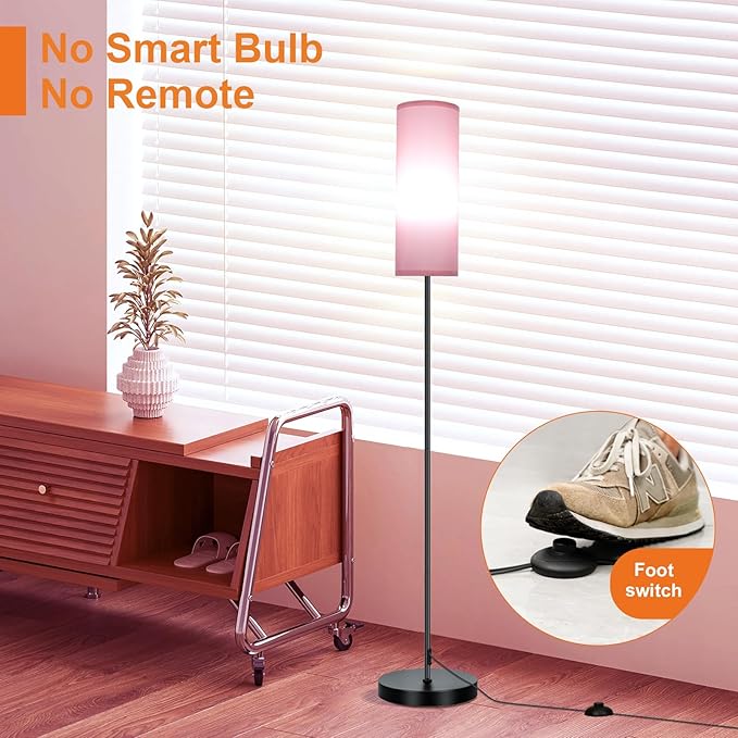 FRIDEKO HOME Floor Lamp with Pink Shade, Simple Design with Foot Pedal Switch, Small Tall Lamps for Living Room Bedroom Office, Corner Floor Stand Light with Black Pole Lamp (No Bulb/No Remote) - Bloomnest