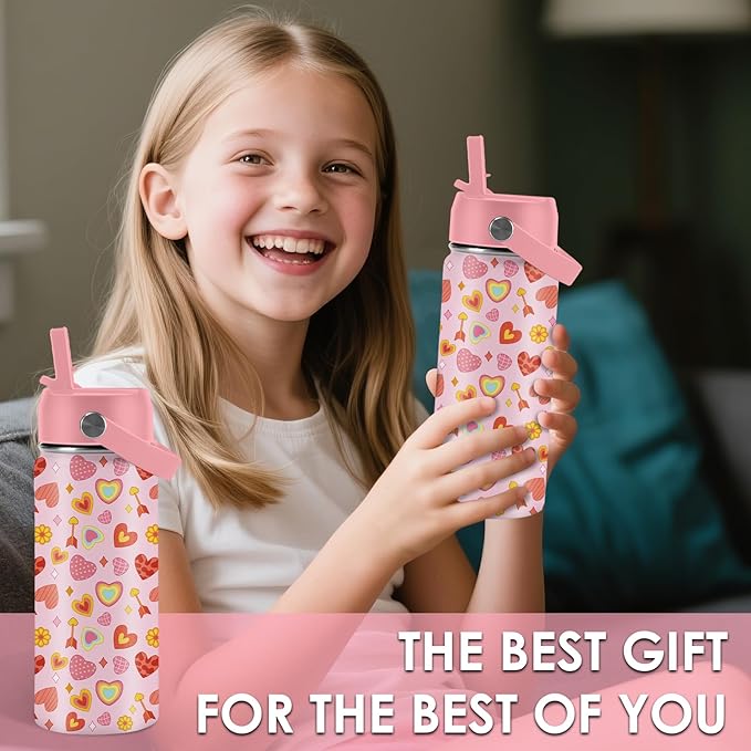 Heart Gifts for Kids - 16 Oz Kids Water Bottle with Straw Lid, Stainless Steel Insulated Tumbler, Leak Proof, BPA-Free, for Girls, School, Travel - Heart Pattern Children Birthday Gifts Cups(1pc) - Bloomnest