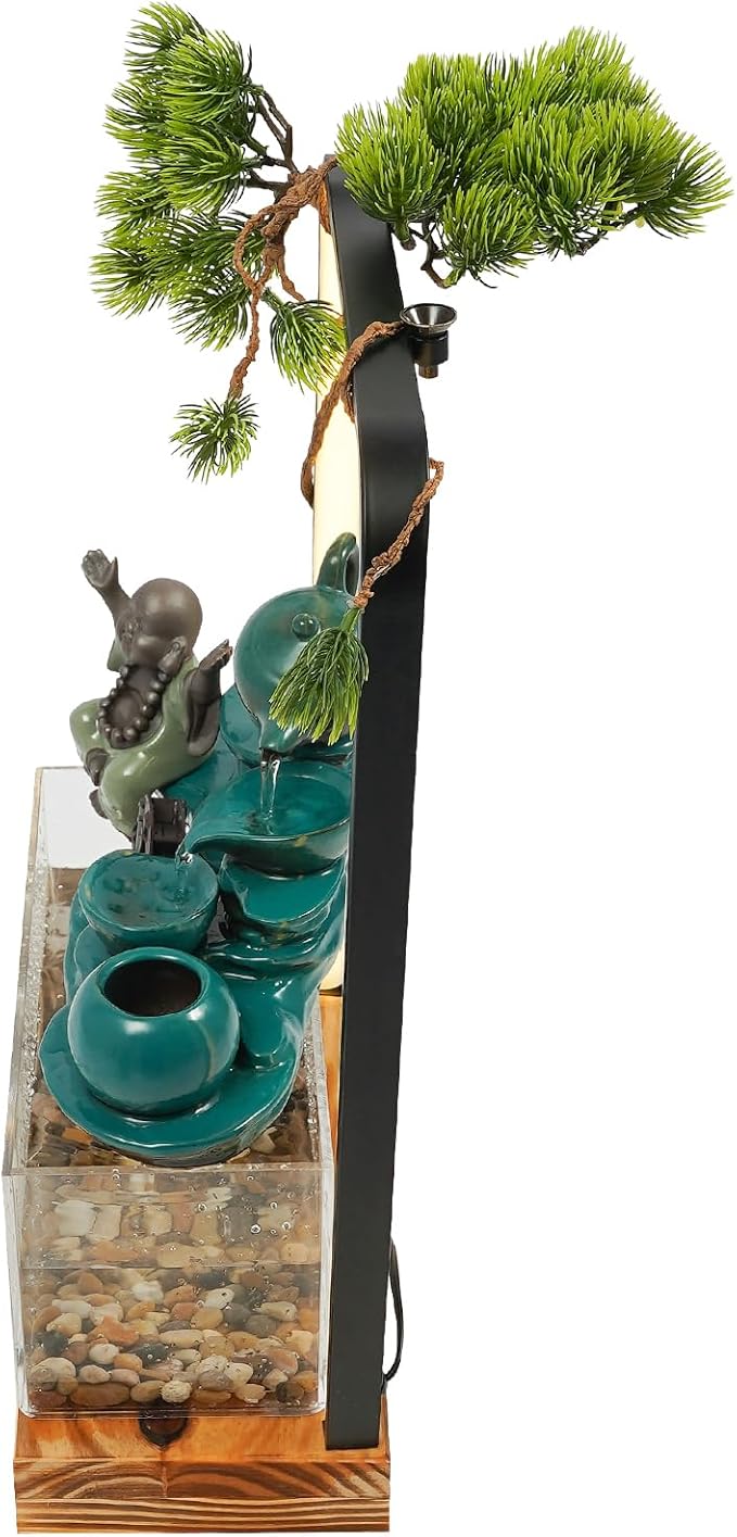 Zen Tabletop Fountain with LED Lights, Handcrafted Ceramic Waterfall Decoration with Fish Tank, Tea Set & Pine Tree for Home/Office, Relaxing Gift for Stress Relief & Good Fortune