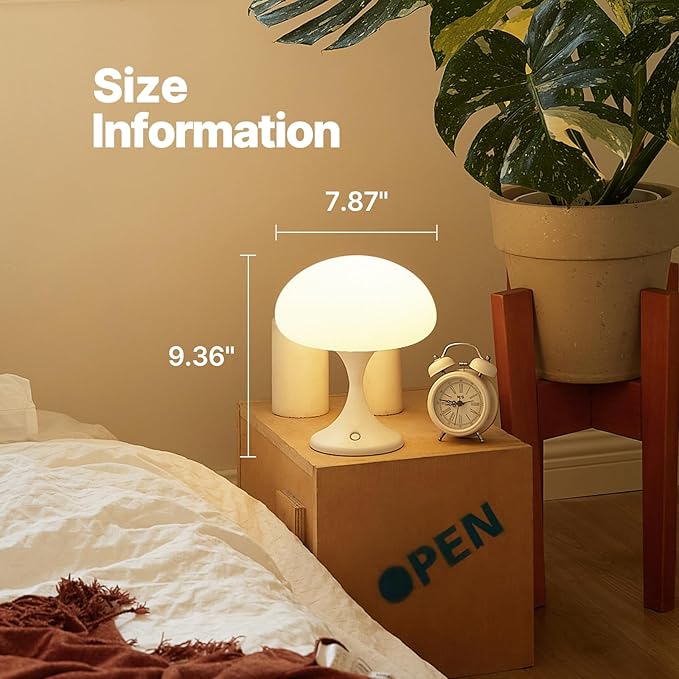 Mushroom Lamp, 5W LED Cordless Rechargeable Table Lamp with Glass Shade, Small Retro Dimmable Touch Light with 3 Color Temps, Aesthetic Mid Century Bedside Light for Bedroom Ambient, White - Bloomnest