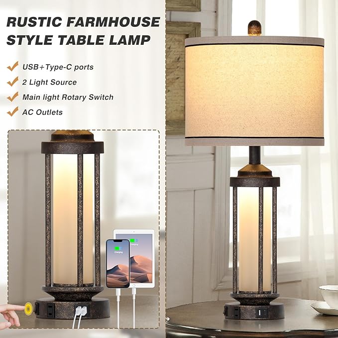 27" Farmhouse Industrial Table Lamps, Vintage Rustic Retro Beside Lamps with USB A+C Charging Ports & AC Outlet, Modern Nightstand Lamps with Glass LED Night Light for Living Room Bedrooms End Table - Bloomnest