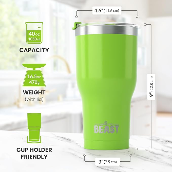 Beast 40 oz Tumbler Stainless Steel Vacuum Insulated Coffee Ice Cup Double Wall Travel Flask (Lemongrass Green) - Bloomnest