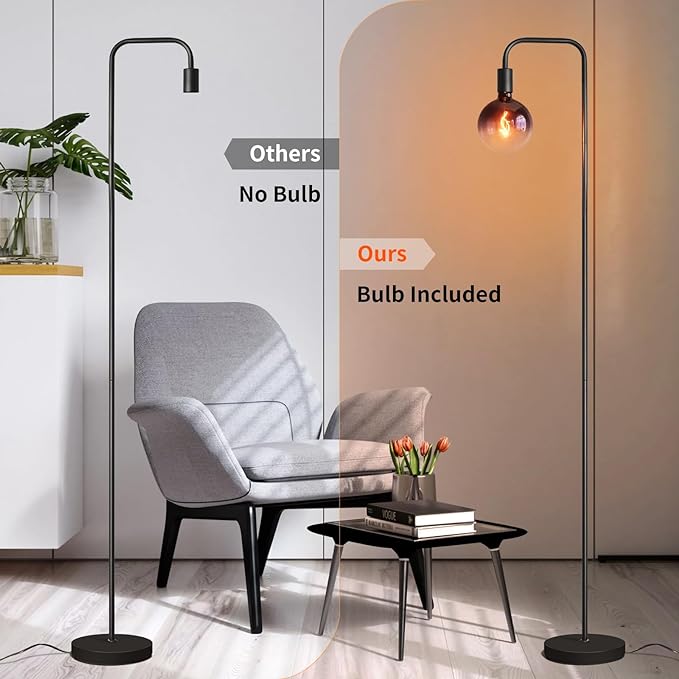 ONEWISH Floor Lamp for Living Room - Minimalist Industrial Standing Lamp with Modern LED Bulb, Globe Black Clear Glass 6", 1800K Warm Ambiant Lighting Decorative Tall Floor Lamp for Bedroom Office - Bloomnest