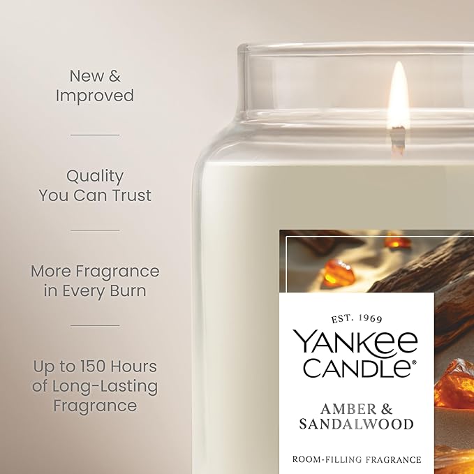 Yankee Candle, Amber & Sandalwood Fall Scented Candle, 22oz Large Jar with up to 150 Hour Burn Time - Bloomnest