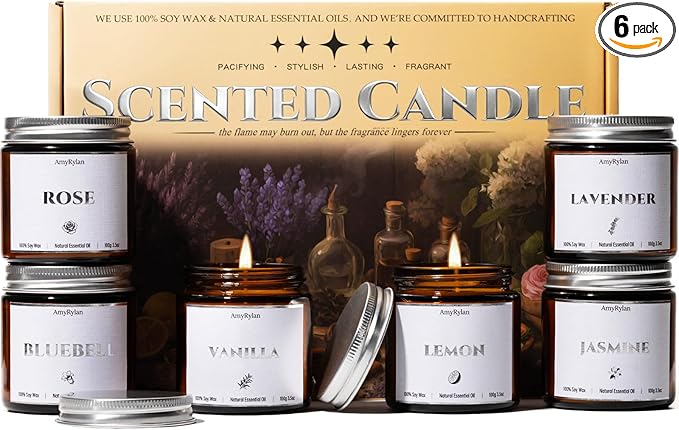 6 Pack Non-Toxic Soy Wax Scented Candles Gift Set, 21oz 120H Long Burn Time, Amber Jar Candles, Gift for Women Unique, Christmas Birthday Self Care Relaxation Spa Aromatherapy Gifts - Bloomnest