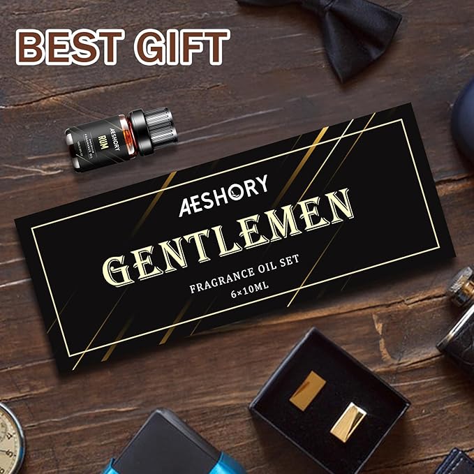 Gentlemen's Essential Oils Set - 6x10ML Mens Fragrance Oil for Candle Making, Diffuser - Sandalwood, Cedar, Leather, Sweet Tobacco, Bay Rum, Cologne Aromatherapy Oils for Men - Bloomnest