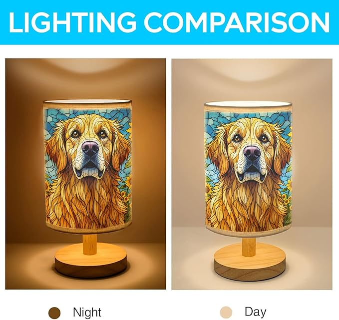 Golden Retriever Table Lamp LED 3-Color Pressed Bedside, Dog Shade Lamp with Wood Base for Bedroom Living Room Desk Office - Bloomnest