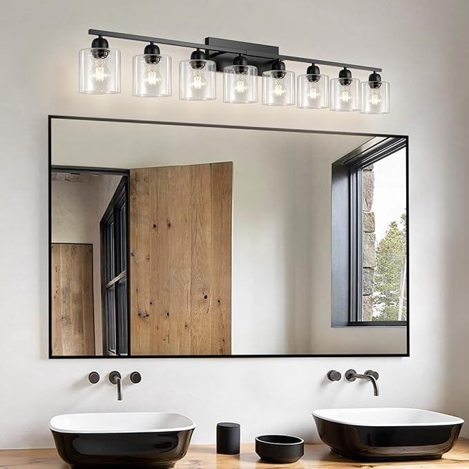 Modern 8 Light 52 inch Vanity Lights for Bathroom with Clear Glass, Black Bathroom Light Fixture for Mirror Kitchen Living Room Hallway Cabinet Porch - Bloomnest