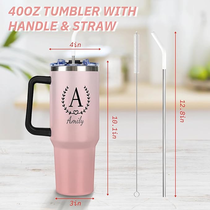 Personalized Tumbler with Handle and Straw Lid, Custom 40 Oz Cup with Name for Women, Customized Stainless Steel Travel Coffee Tumbler, Personalized Gifts for Birthday Christmas Anniversary - Bloomnest
