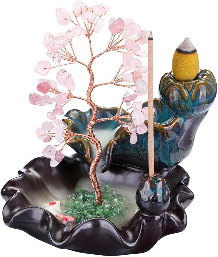 Jovivi Backflow Incense Burner Ceramic Incense Waterfall, Natural Rose Quartz Healing Crystal Money Tree Incense Holder for Wealth, Good Luck, Yoga Meditation, Home Decor - Bloomnest