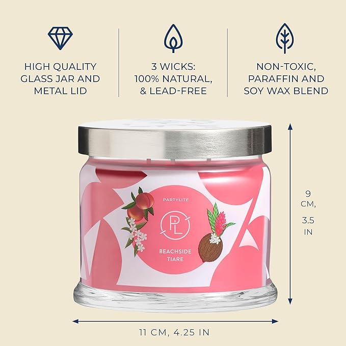 PartyLite Beachside Tiare Scented, Notes of Gardenia, Coconut, Red Hibiscus, Peach & Ylang Ylang, 13.2oz 3-Wick Jar Candle, 45 Hour Burn Time, Luxurious Fragrance, Ideal for Gifting - Bloomnest