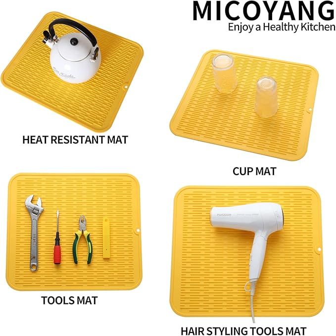 Silicone Dish Drying Mat for Multiple Usage,Easy clean,Eco-friendly,Heat-resistant Silicone Mat for Kitchen Counter or Sink,Refrigerator or Drawer liner Yellow M 12 inches x 12 inches - Bloomnest