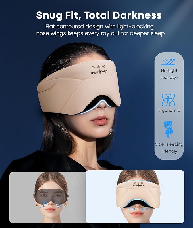 MUSICOZY Bluetooth Sleep Headphones 5.4, Wireless Over-Ear Headphones with Built-in HD Stereo Speakers, Cooling Eye Mask Design, 14H Playtime, Washable, for Side Sleepers, Travel & Relaxation - Bloomnest