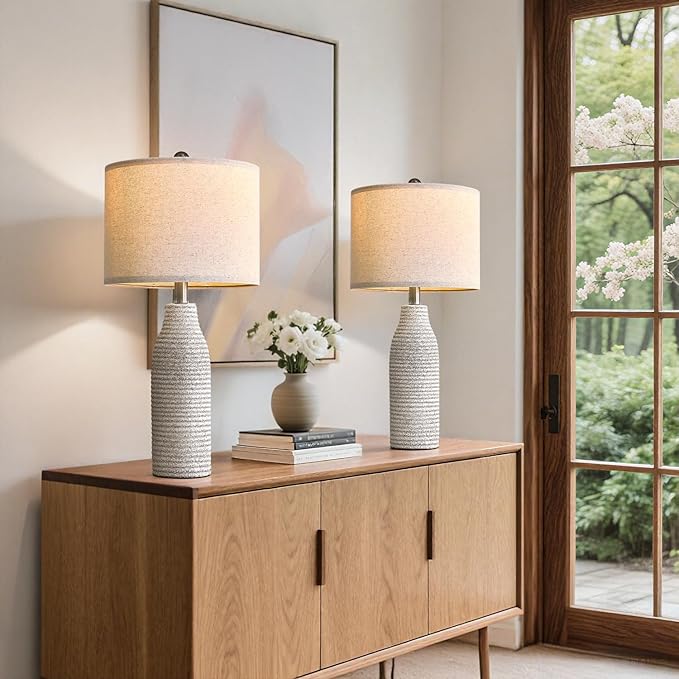25" Ceramic Table Lamps for Living Room, Modern Design Bedside Lamps Set of 2, Nightstand Lamps for Bedroom with Rotary Switch, Gray and White - Bloomnest