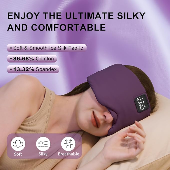 LC-dolida Sleep Mask with Bluetooth Headphones, Ice Silk Sleep Headphones with Bluetooth 5.4, Total Blackout Eye Mask for Sleeping, Sleep Soft Mask for Women Men, All Night Sleep, Travel(Purple) - Bloomnest