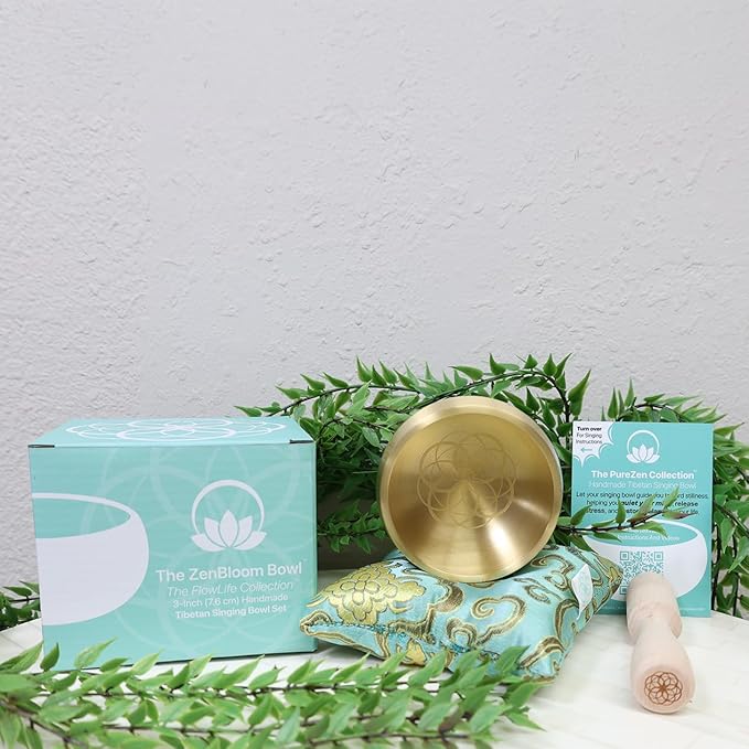 Tibetan Singing Bowl Set – Portable Handcrafted Sound Bowl for Meditation, Chakra Healing, Yoga, Stress Relief -ZenBloom Bowl – Flower of Life Edition - by Circle Up (ZenBloom Flower Of Life) - Bloomnest